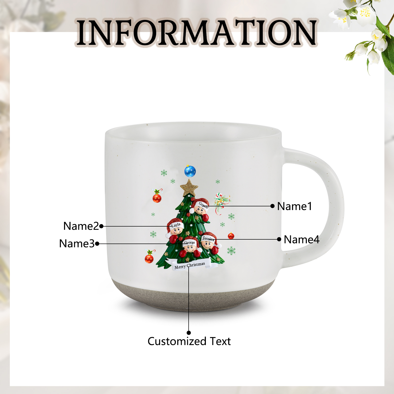 Personalisierbare 2- 6 Namen & Text Keramik Familie am Weihnachtsbaum Weihnachts-Mark-Tasse für Familie