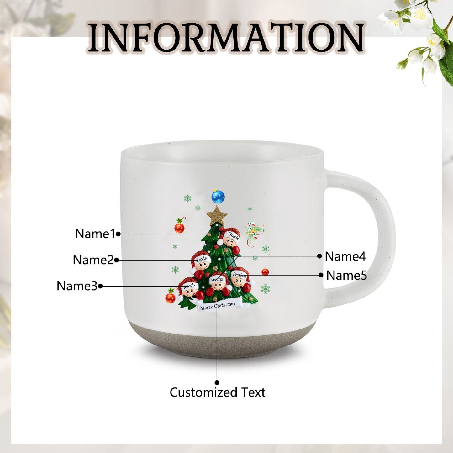 Personalisierbare 2- 6 Namen & Text Keramik Familie am Weihnachtsbaum Weihnachts-Mark-Tasse für Familie