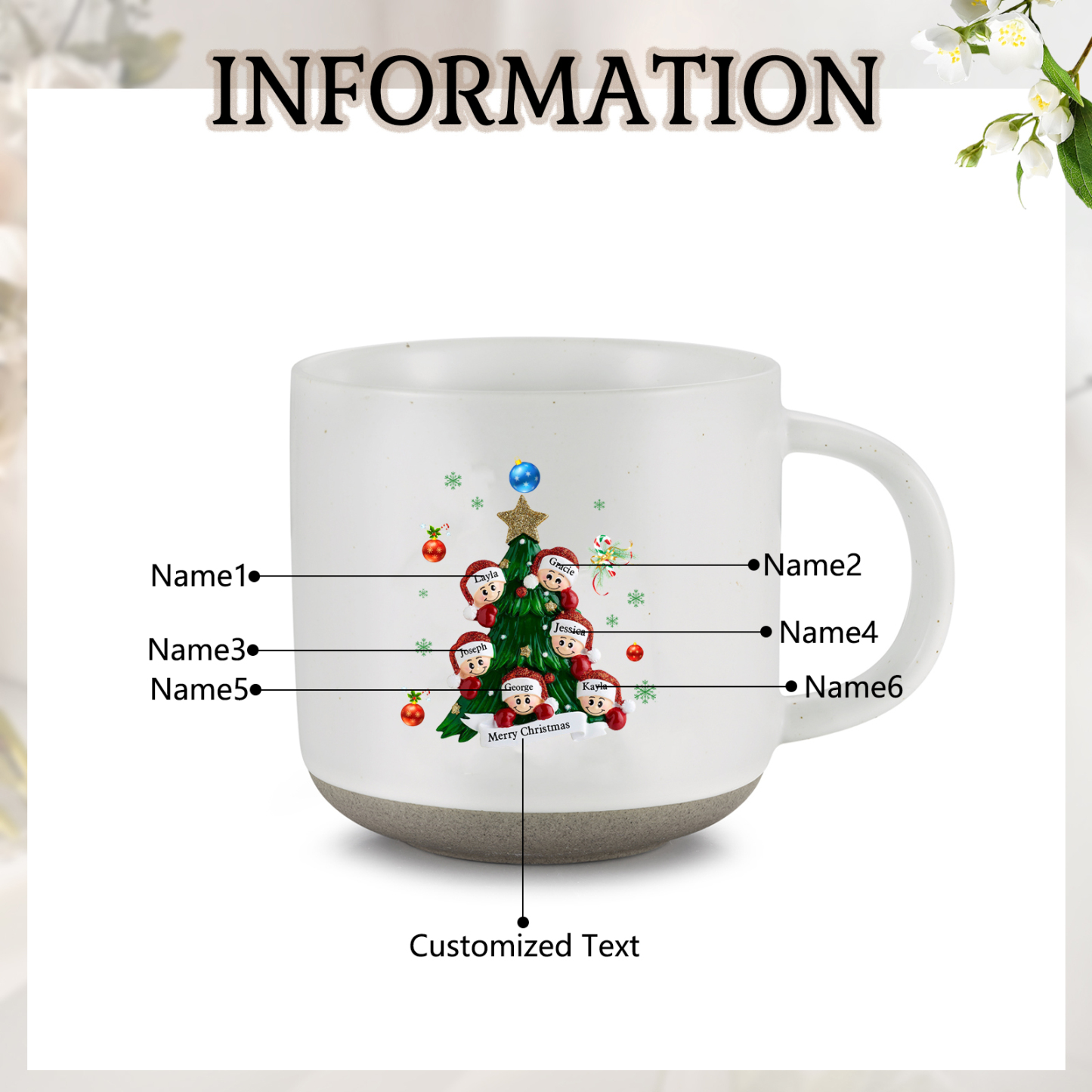 Personalisierbare 2- 6 Namen & Text Keramik Familie am Weihnachtsbaum Weihnachts-Mark-Tasse für Familie