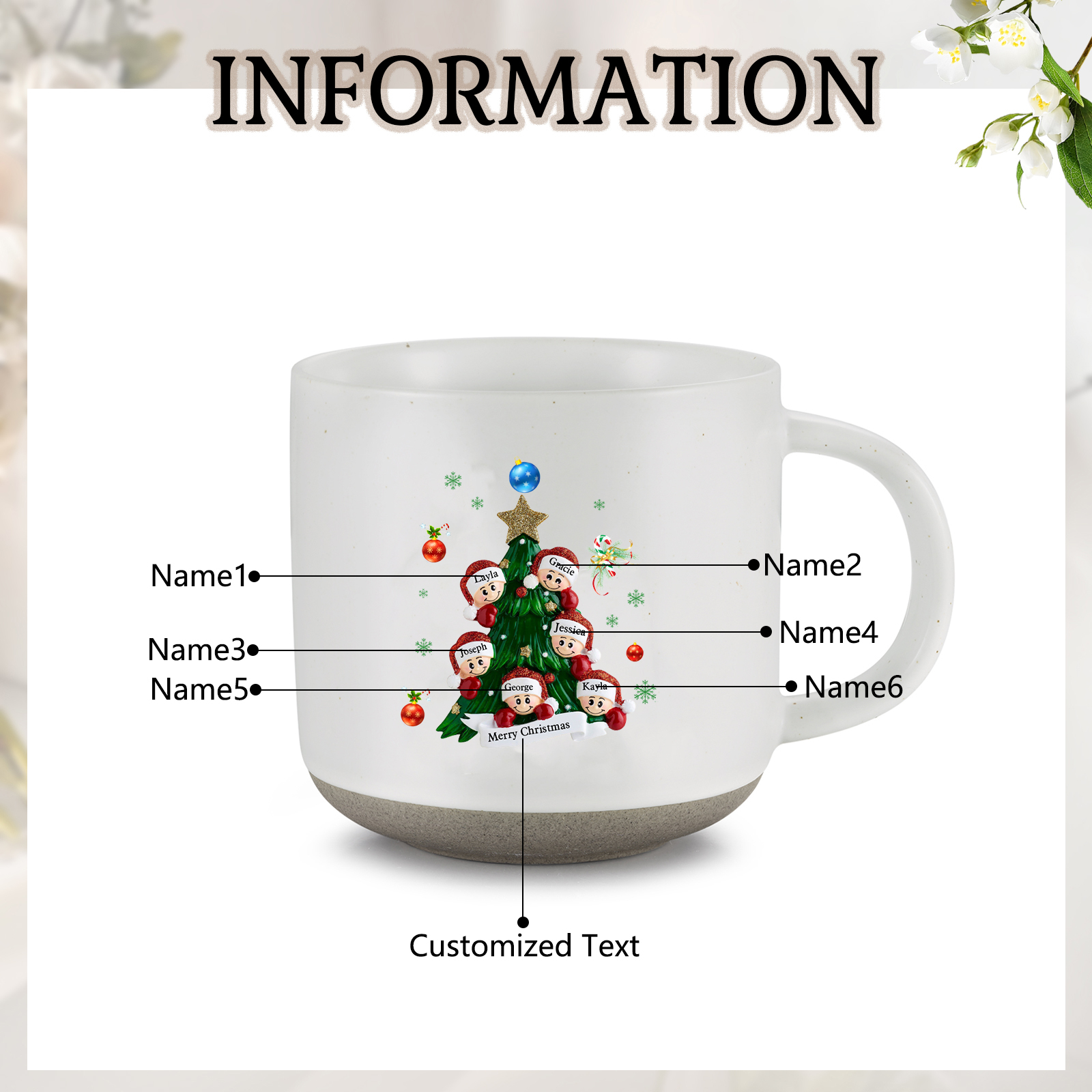 Personalisierbare 2- 6 Namen & Text Keramik Familie am Weihnachtsbaum Weihnachts-Mark-Tasse für Familie