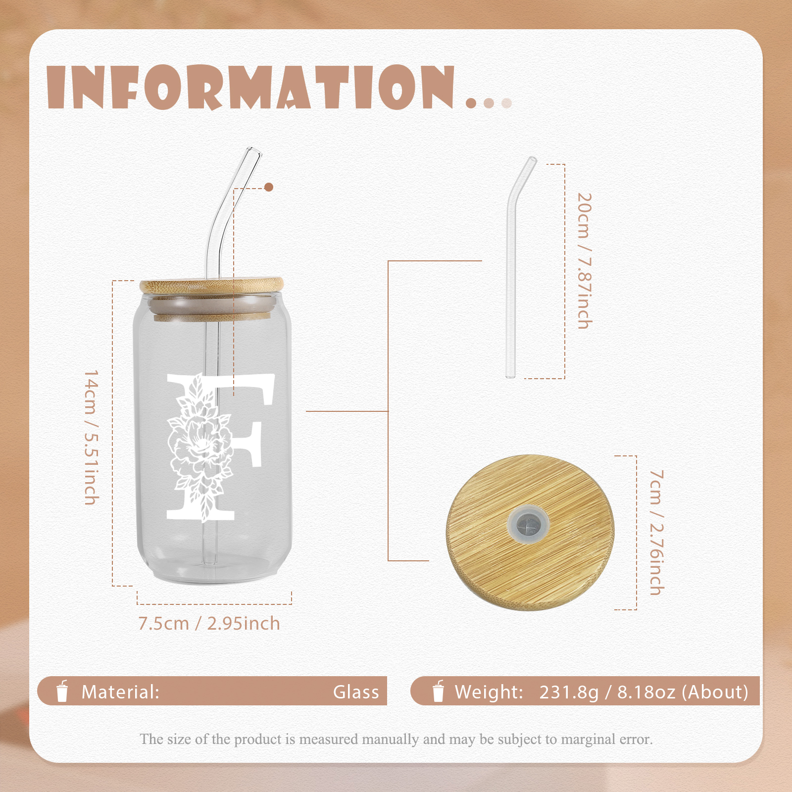 Personalisierter Buchstabe Blume Glas-Trinkflasche Glastasse mit Glasstrohhalm