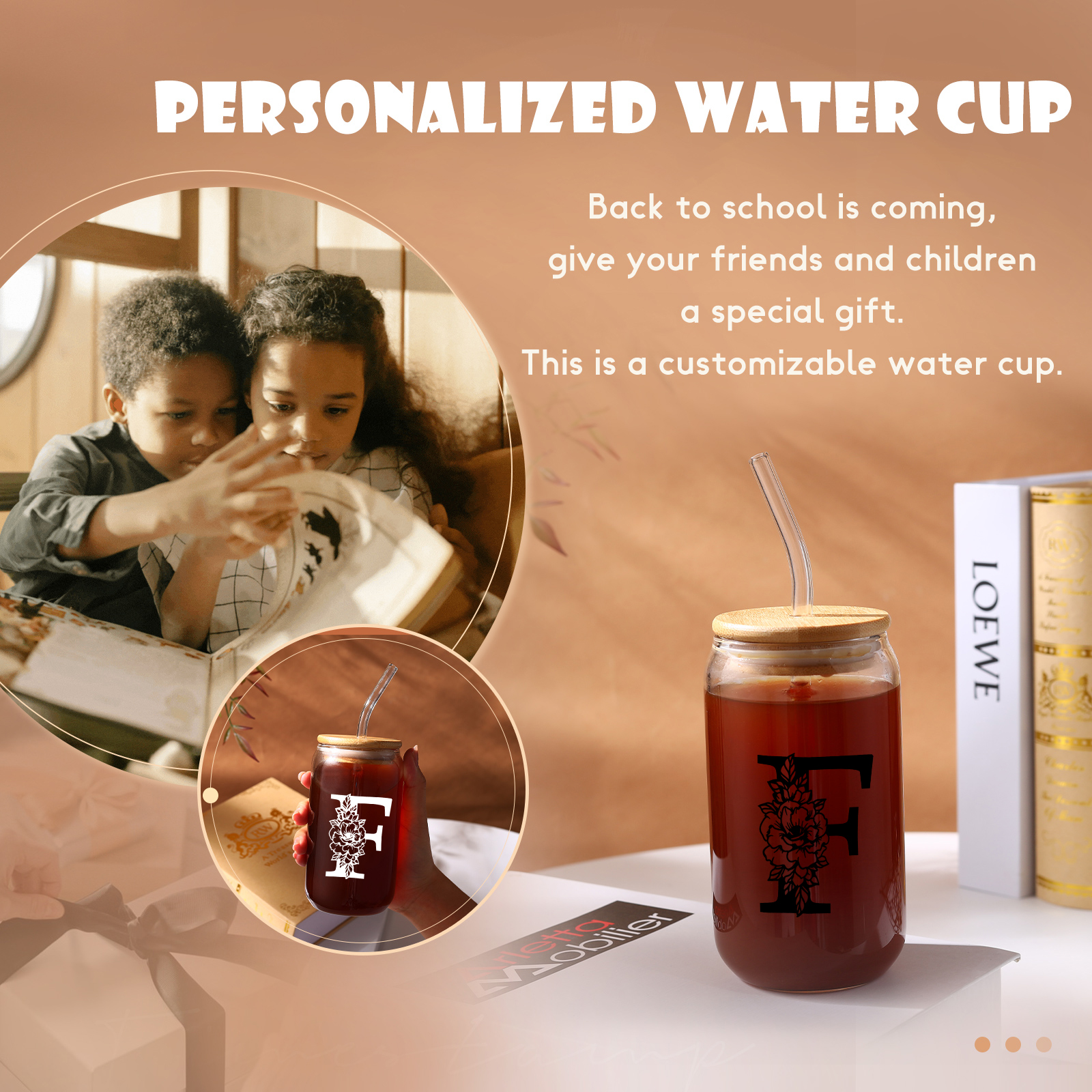 Personalisierter Buchstabe Blume Glas-Trinkflasche Glastasse mit Glasstrohhalm