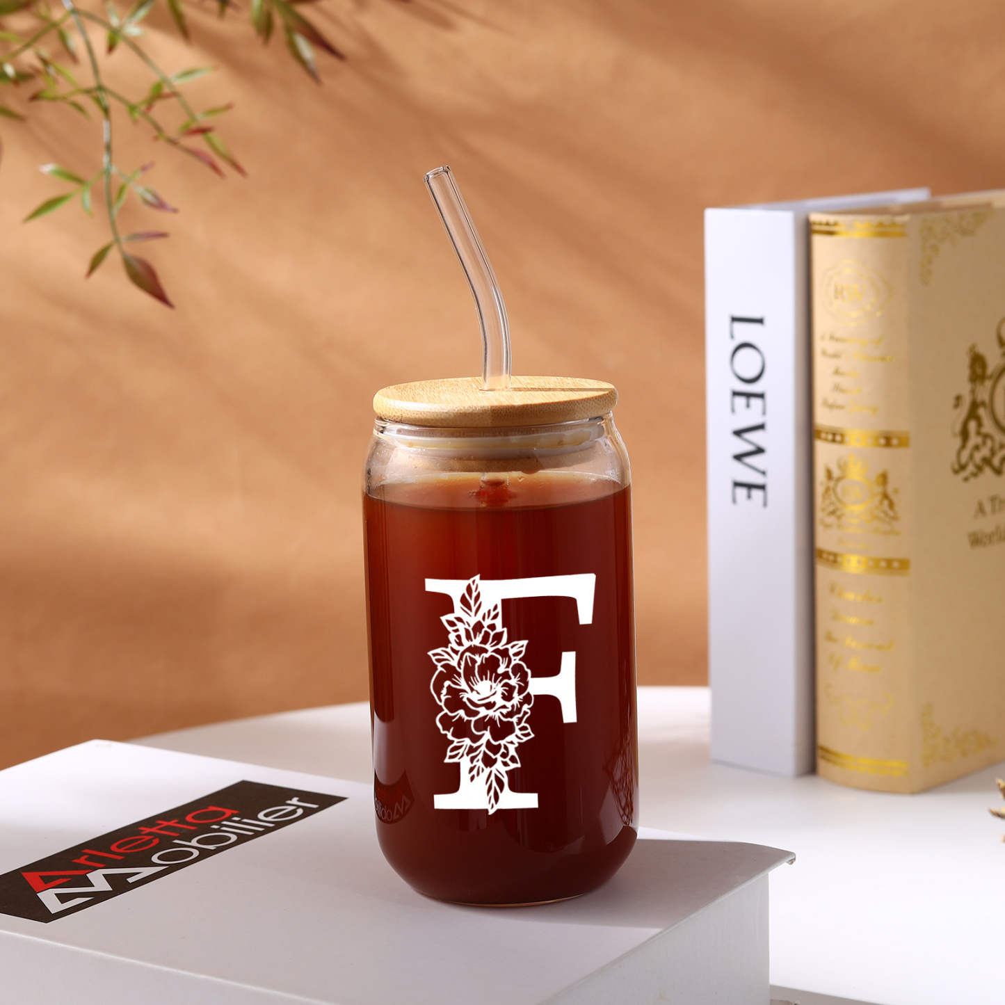 Personalisierter Buchstabe Blume Glas-Trinkflasche Glastasse mit Glasstrohhalm