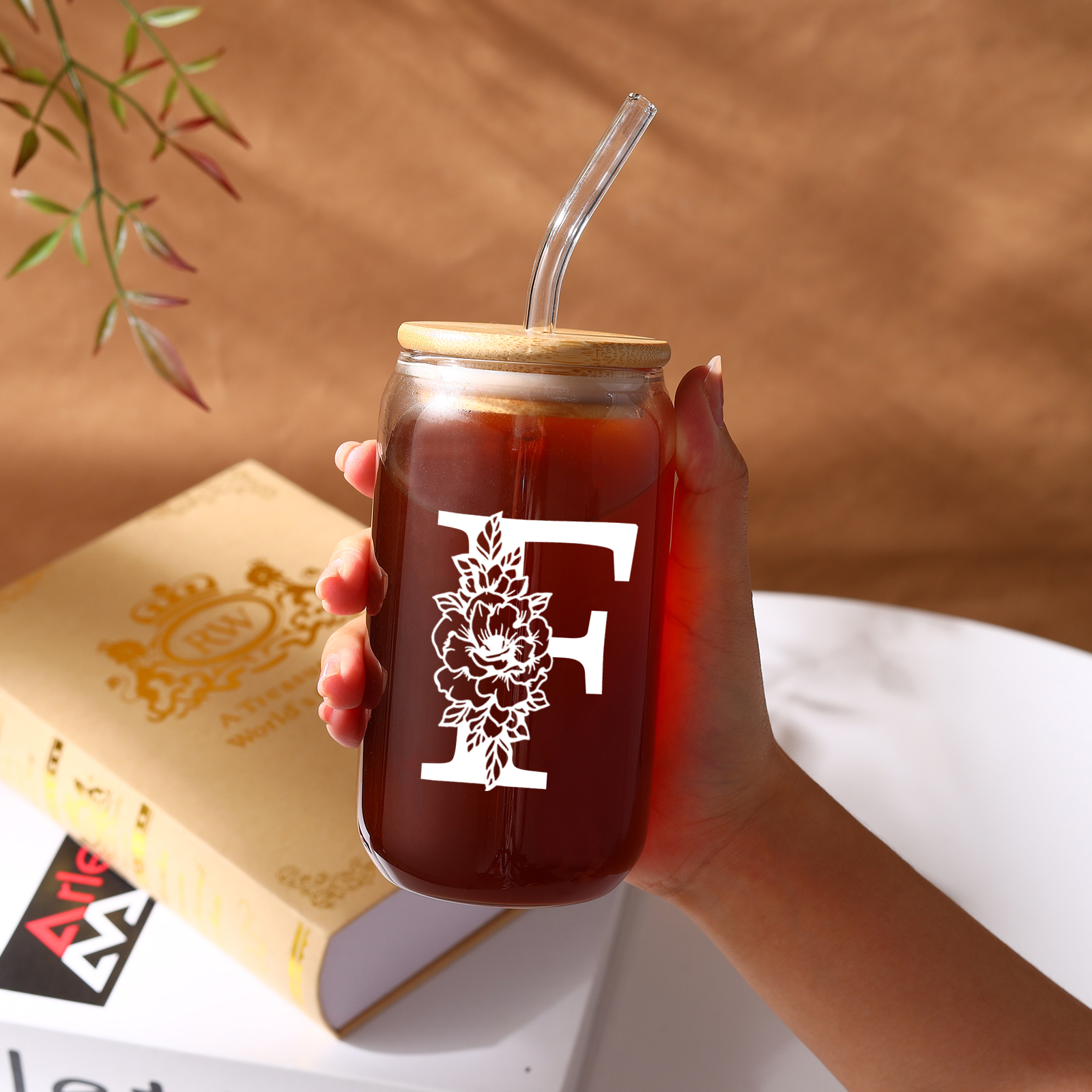 Personalisierter Buchstabe Blume Glas-Trinkflasche Glastasse mit Glasstrohhalm