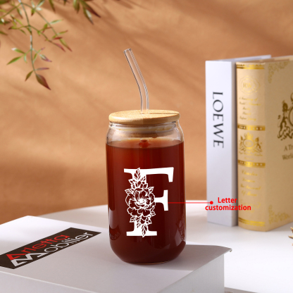 Personalisierter Buchstabe Blume Glas-Trinkflasche Glastasse mit Glasstrohhalm