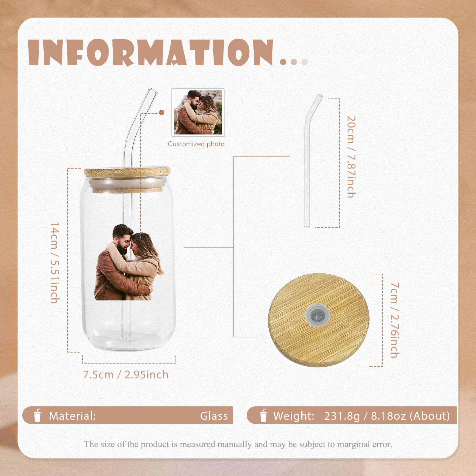 Personalisiertes Foto Glas-Trinkflasche Glastasse mit Glasstrohhalm für Paar