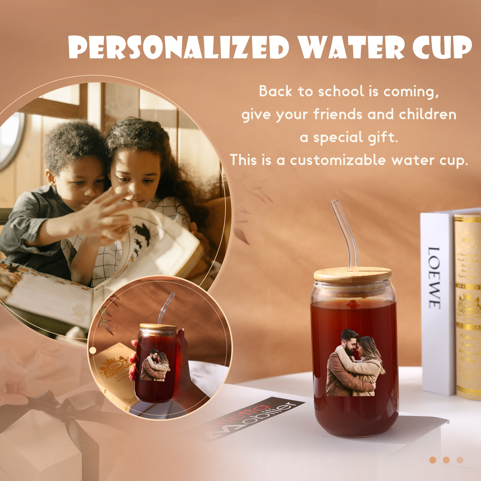 Personalisiertes Foto Glas-Trinkflasche Glastasse mit Glasstrohhalm für Paar