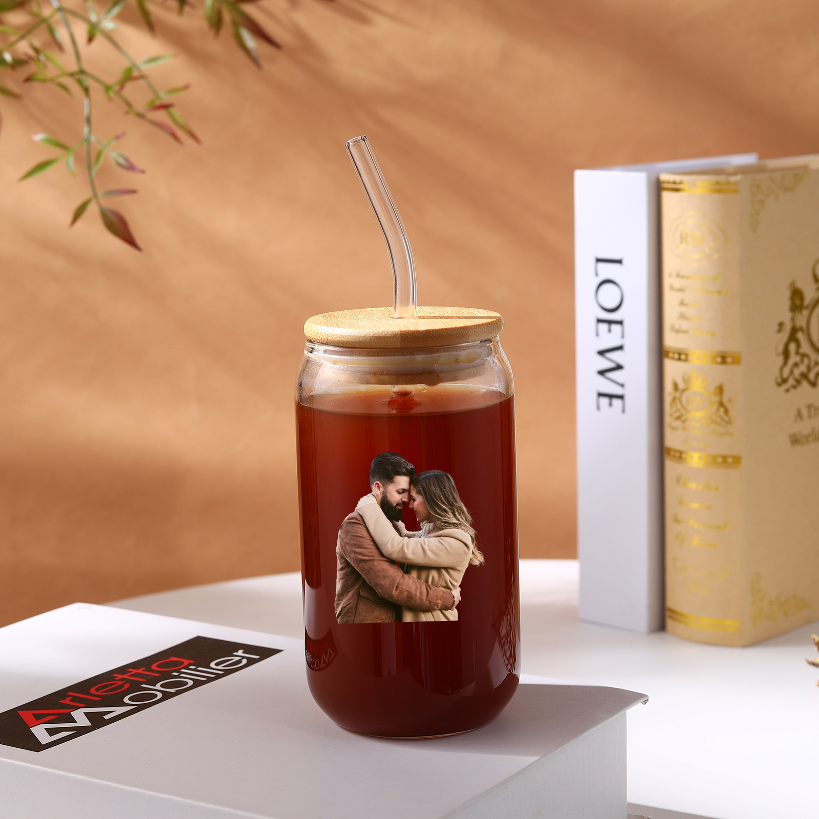 Personalisiertes Foto Glas-Trinkflasche Glastasse mit Glasstrohhalm für Paar