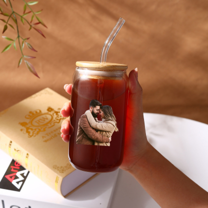 Personalisiertes Foto Glas-Trinkflasche Glastasse mit Glasstrohhalm für Paar
