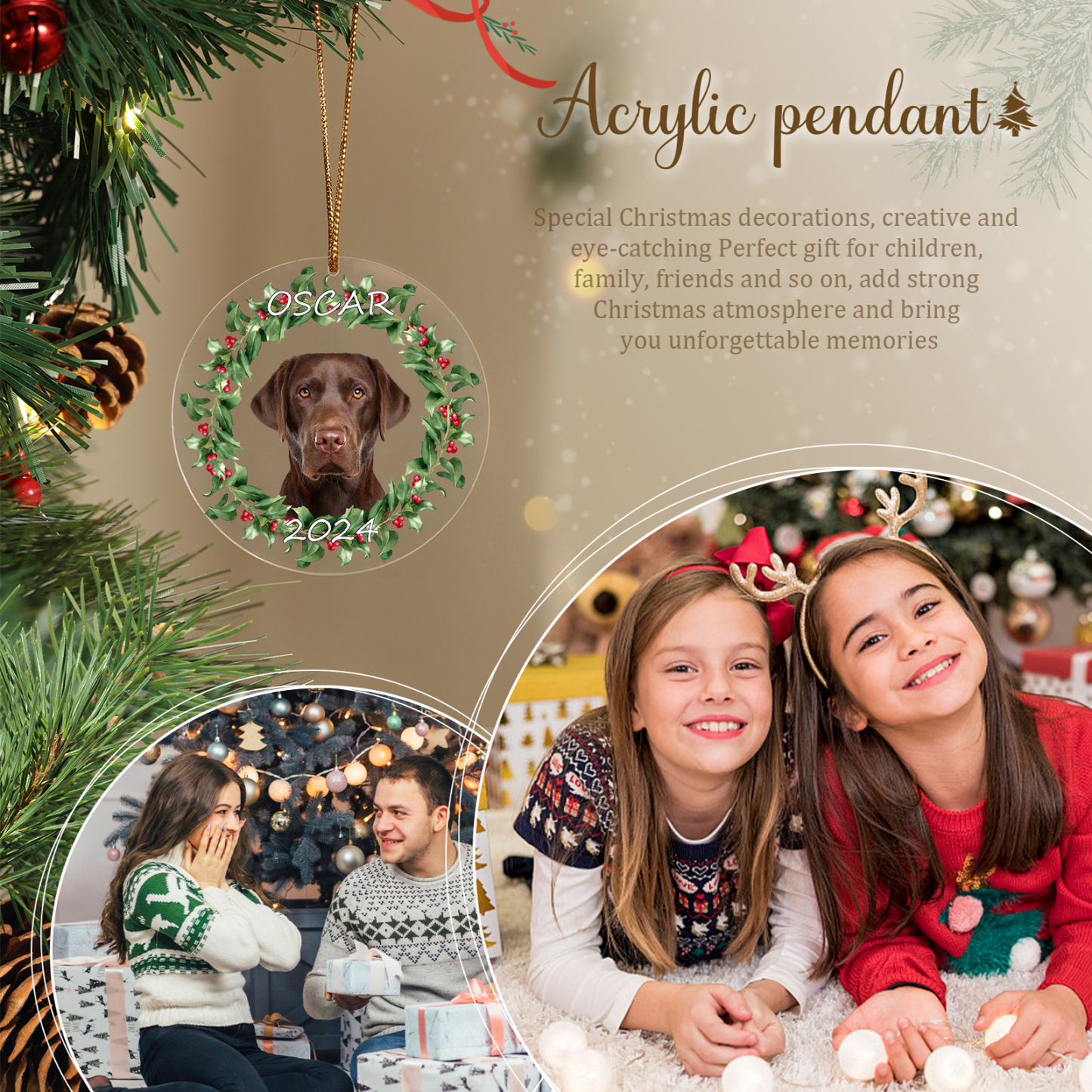 Acryl Weihnachtsornament-Personalisiertes Foto & 2 Texte Haustier Weihnachtsanhänger – 5 Stile zur Auswahl