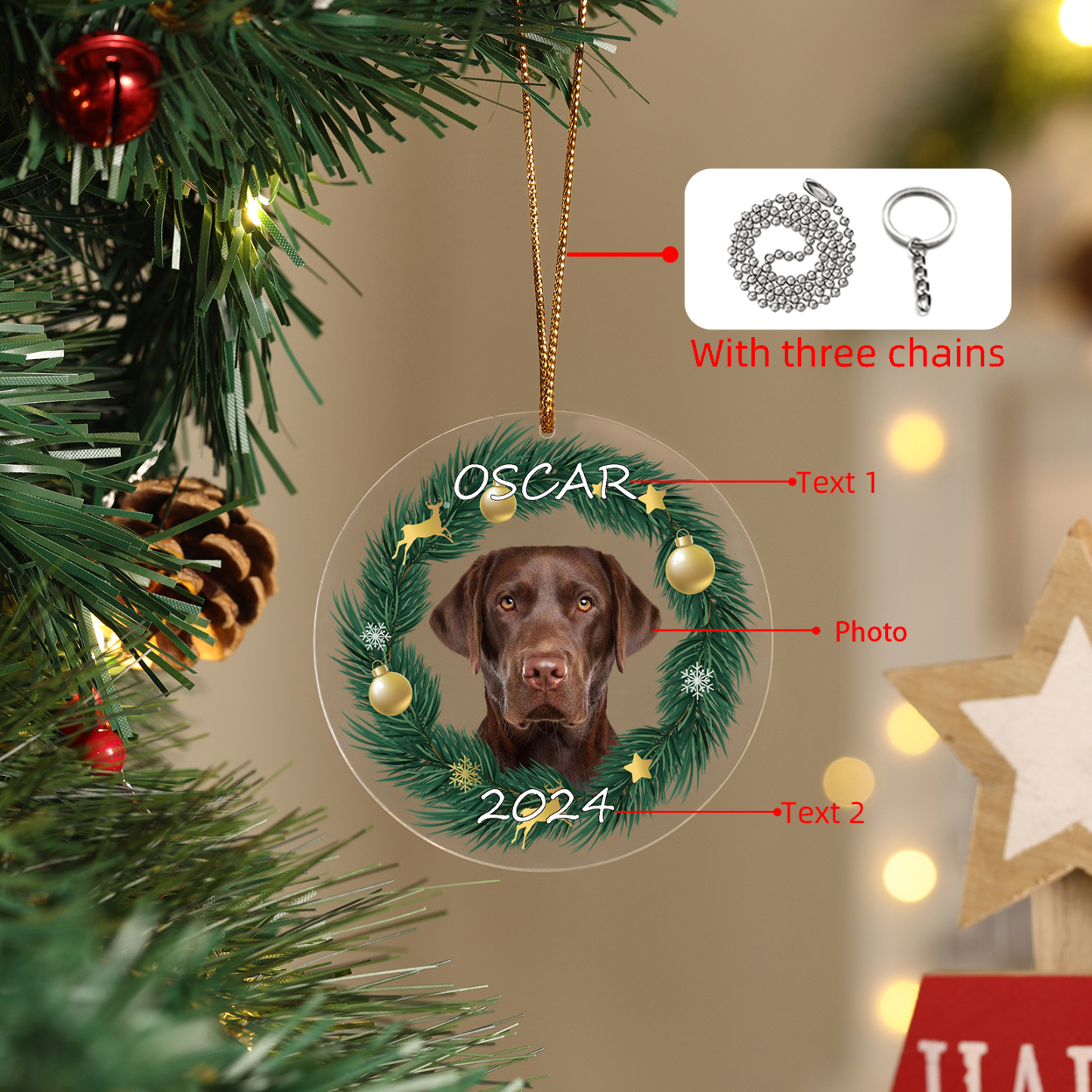 Acryl Weihnachtsornament-Personalisiertes Foto & 2 Texte Haustier Weihnachtsanhänger – 5 Stile zur Auswahl 