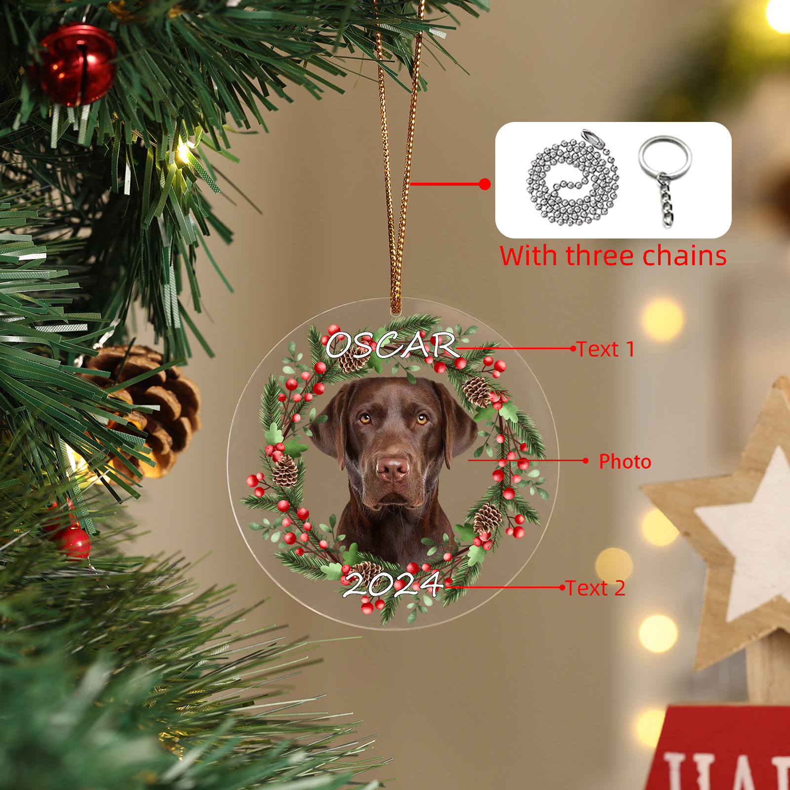 Acryl Weihnachtsornament-Personalisiertes Foto & 2 Texte Haustier Weihnachtsanhänger – 5 Stile zur Auswahl 