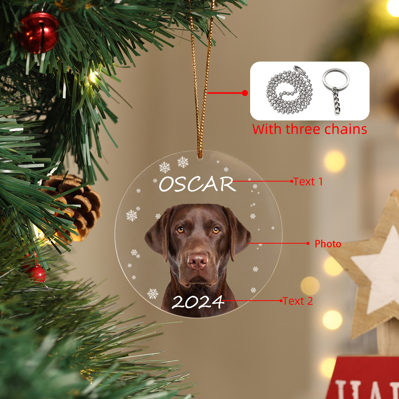 Acryl Weihnachtsornament-Personalisiertes Foto & 2 Texte Haustier Weihnachtsanhänger – 5 Stile zur Auswahl 