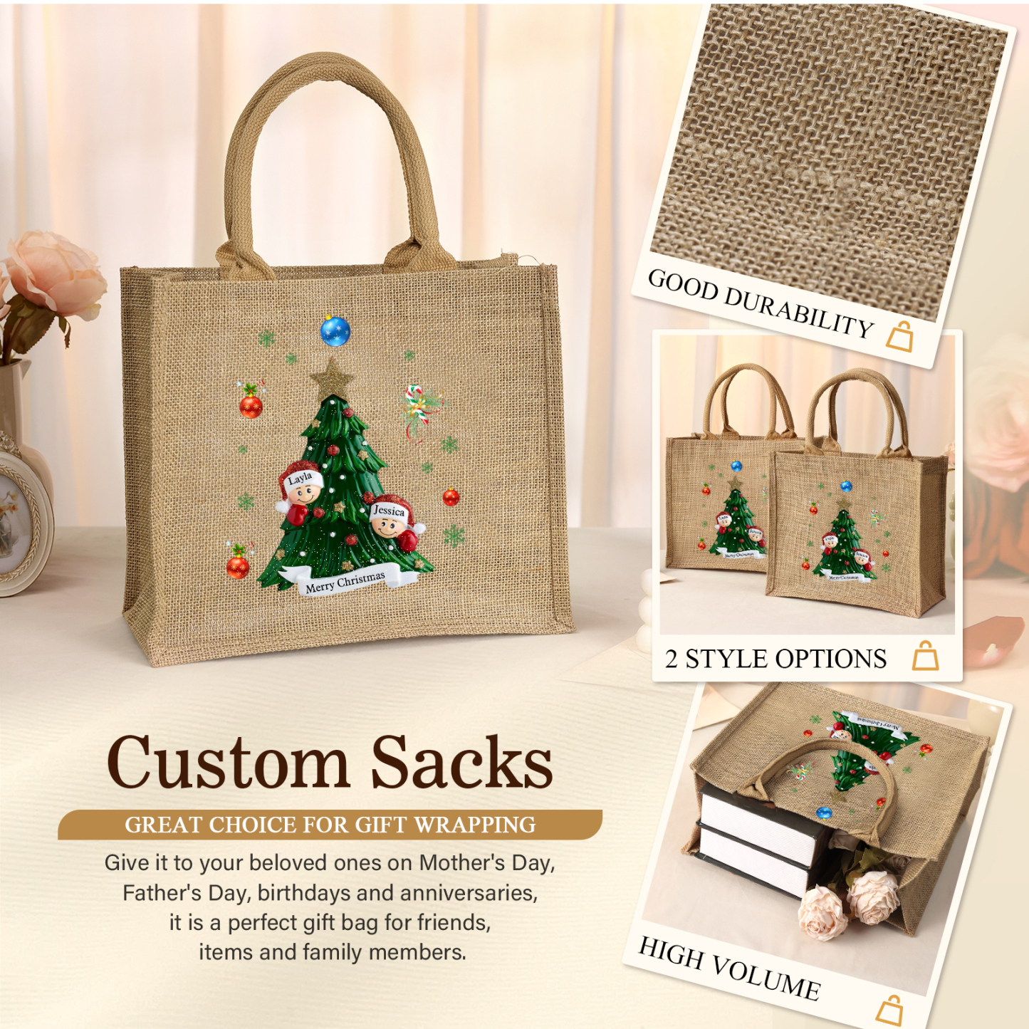 Personalisierbare 2-6 Namen & Text Canvas Tragetasche – Leichte & Stilvolle Einkaufstasche für Weihnachten