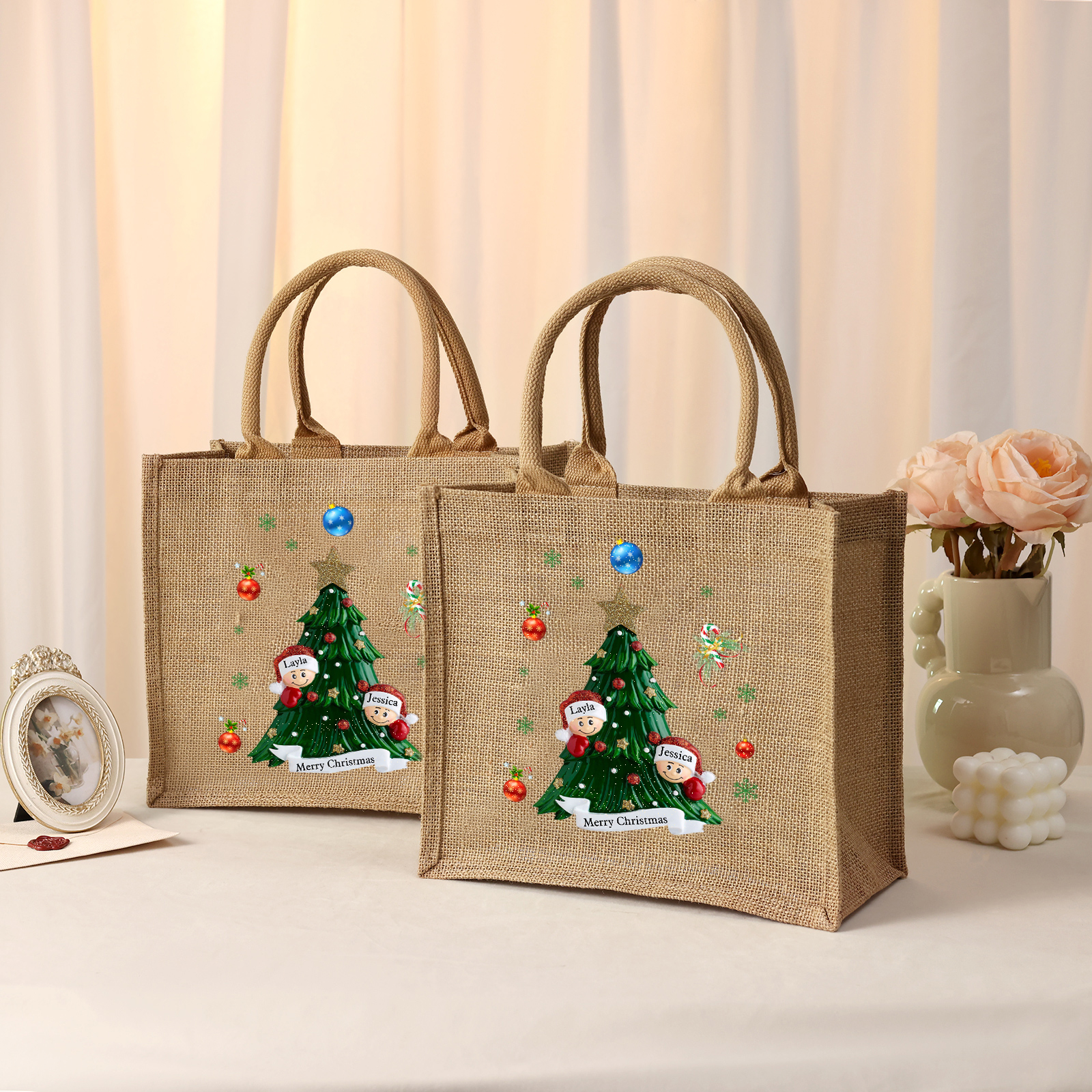 Personalisierbare 2-6 Namen & Text Canvas Tragetasche – Leichte & Stilvolle Einkaufstasche für Weihnachten