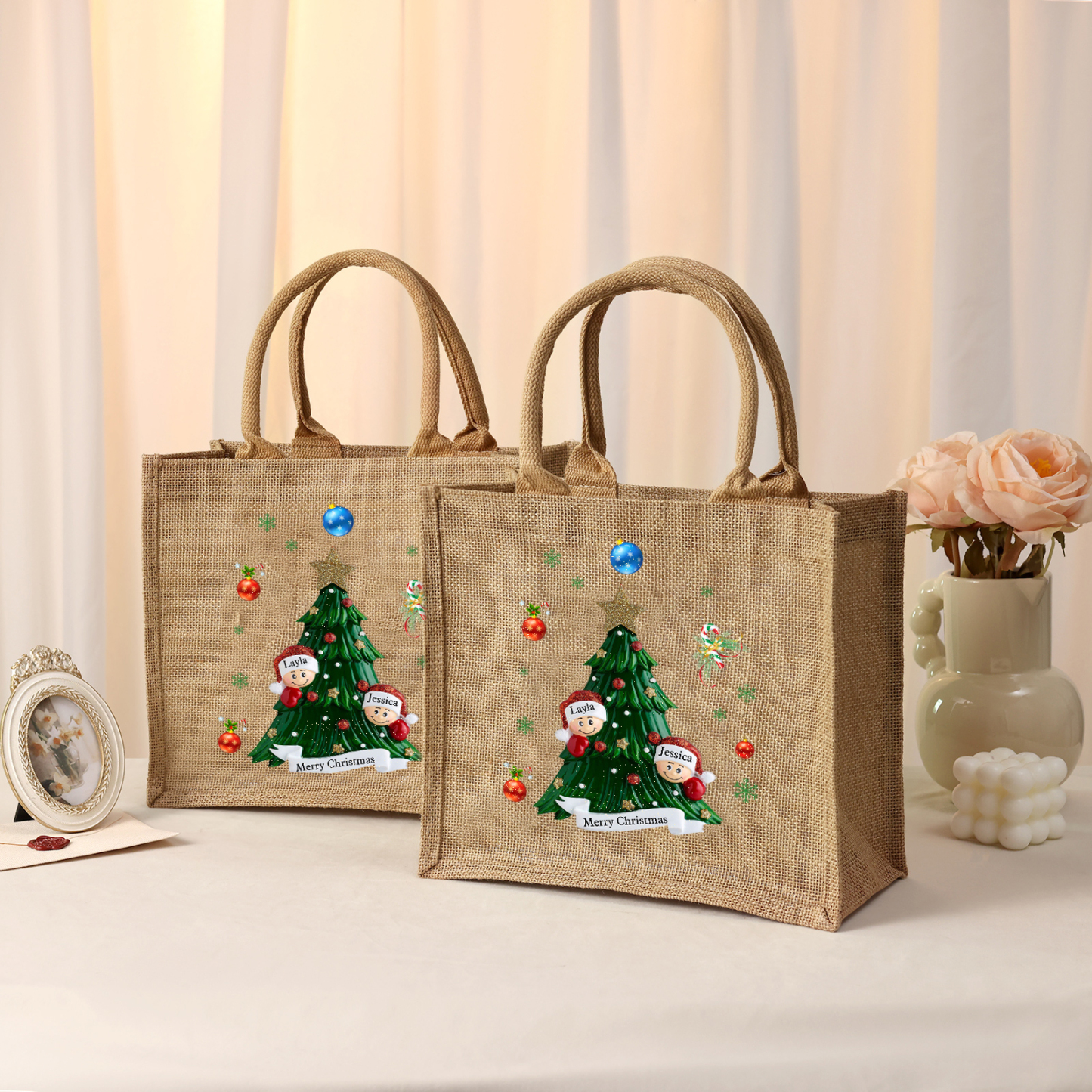 Personalisierbare 2-6 Namen & Text Canvas Tragetasche – Leichte & Stilvolle Einkaufstasche für Weihnachten