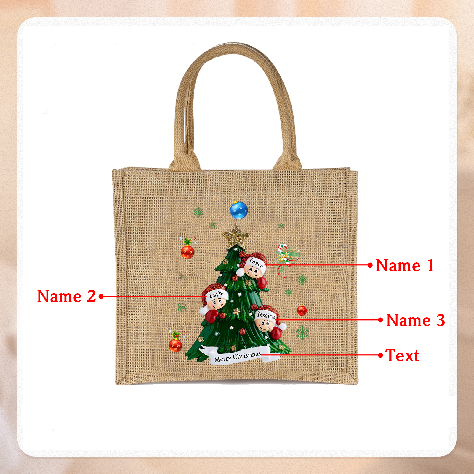 Personalisierbare 2-6 Namen & Text Canvas Tragetasche – Leichte & Stilvolle Einkaufstasche für Weihnachten