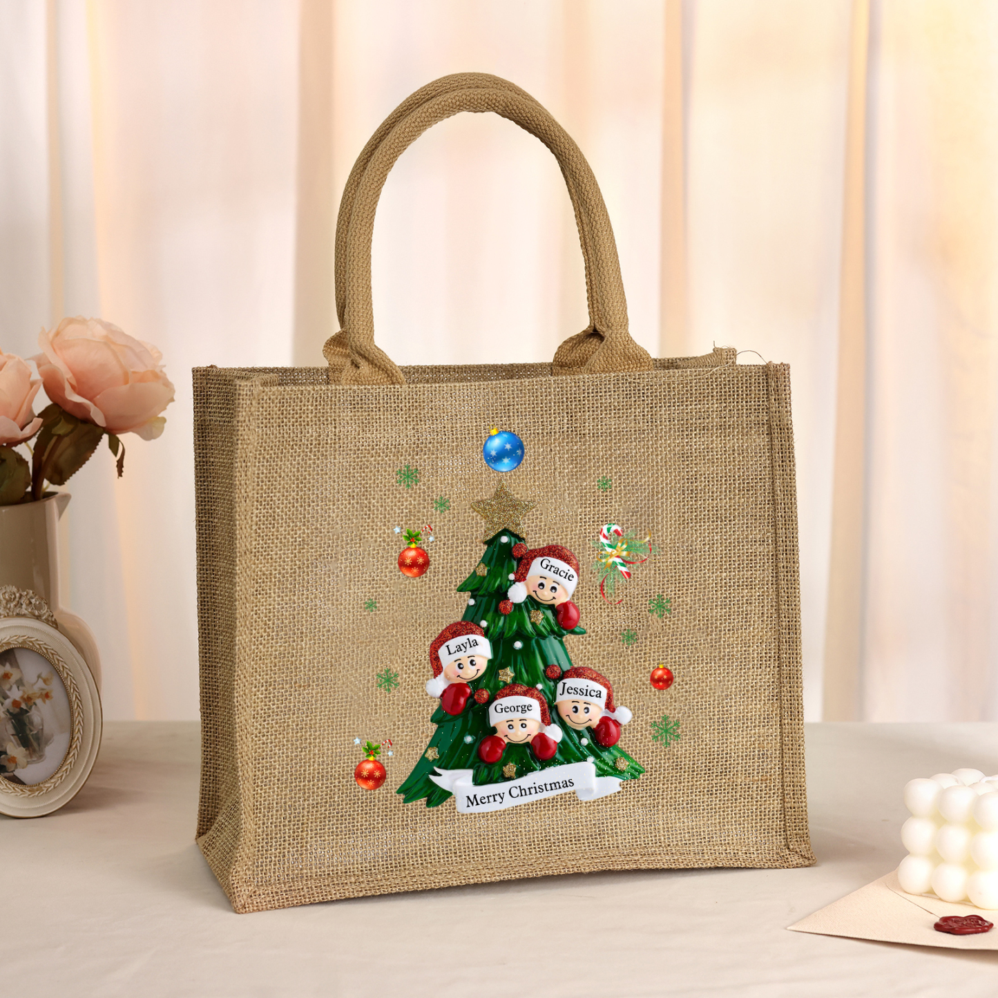 Personalisierbare 2-6 Namen & Text Canvas Tragetasche – Leichte & Stilvolle Einkaufstasche für Weihnachten