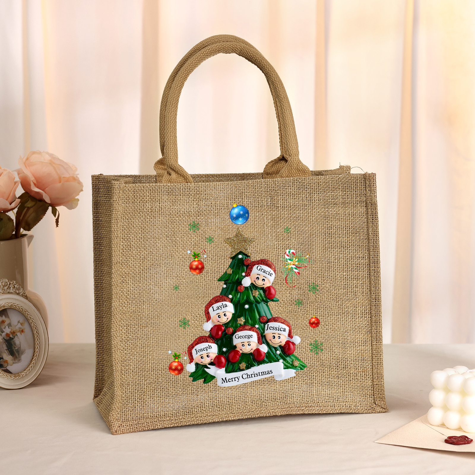 Personalisierbare 2-6 Namen & Text Canvas Tragetasche – Leichte & Stilvolle Einkaufstasche für Weihnachten