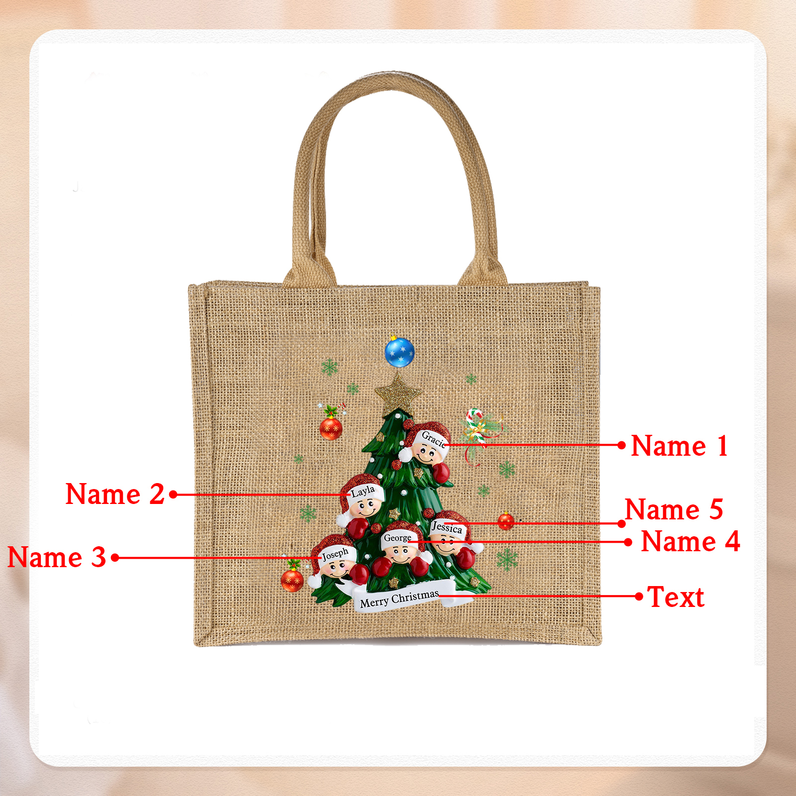 Personalisierbare 2-6 Namen & Text Canvas Tragetasche – Leichte & Stilvolle Einkaufstasche für Weihnachten