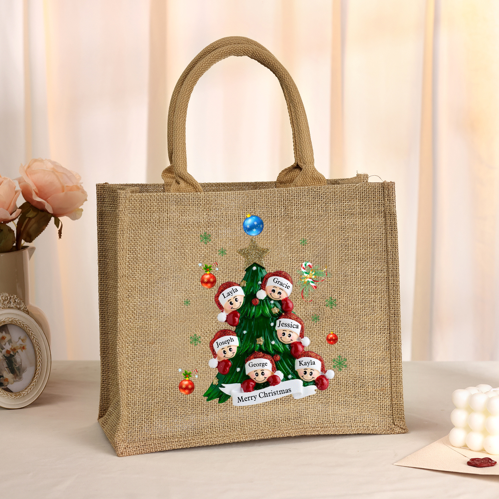 Personalisierbare 2-6 Namen & Text Canvas Tragetasche – Leichte & Stilvolle Einkaufstasche für Weihnachten