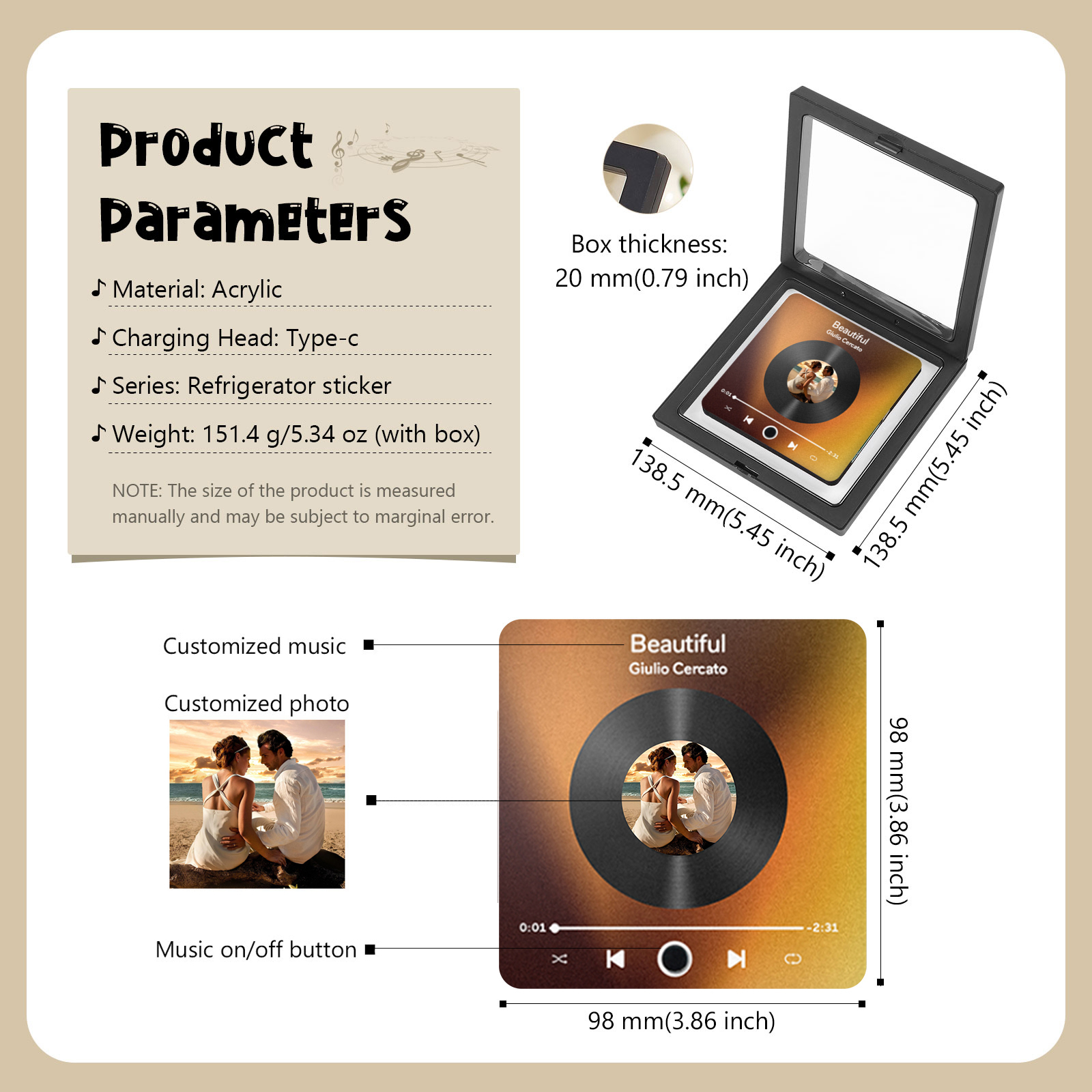 Personalisiertes Foto & Lied Acryl-Kühlschrankmagnet mit Player-Display-Motiv – Individuelles Geschenk für Paar