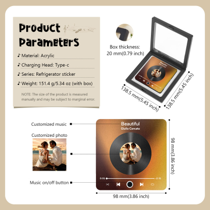 Personalisiertes Foto & Lied Acryl-Kühlschrankmagnet mit Player-Display-Motiv – Individuelles Geschenk für Paar