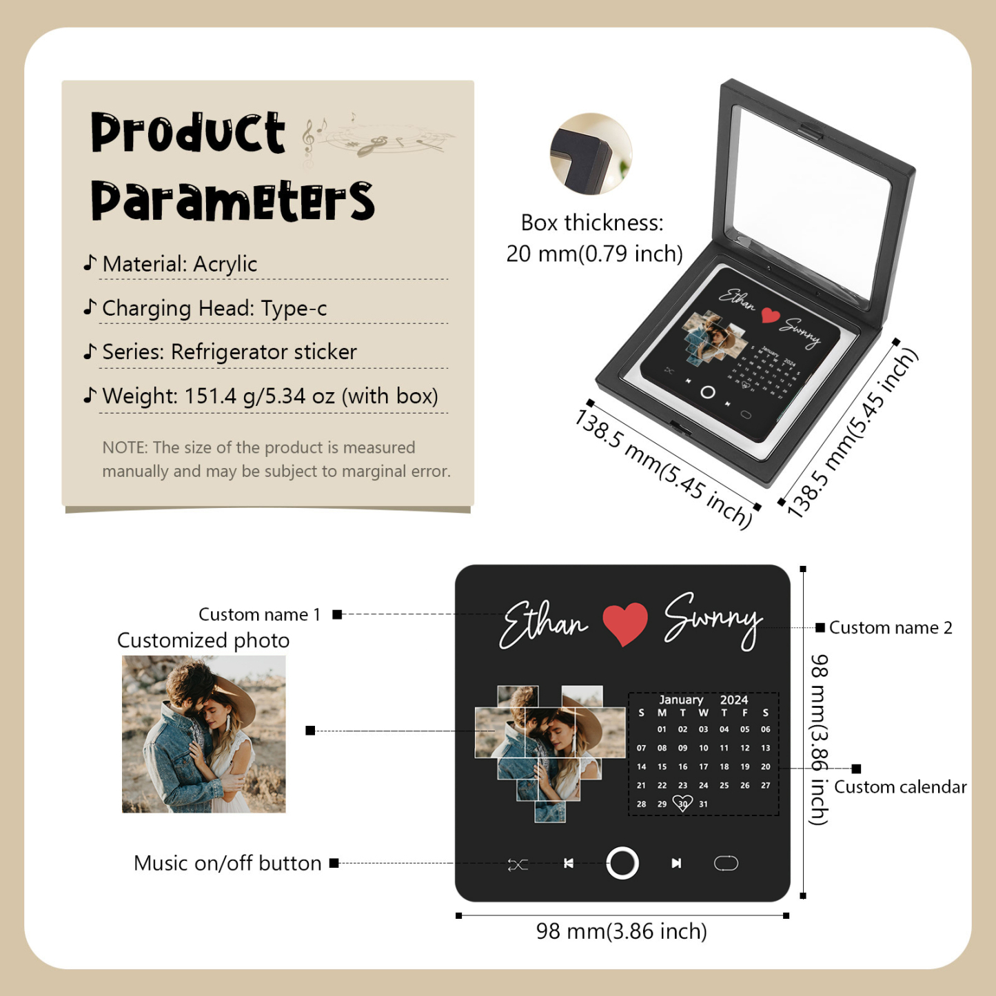 Personalisiertes Foto & Lied & Kalender & 2 Namen Schwarz Acryl-Kühlschrankmagnet – Individuelles Geschenk für Paar