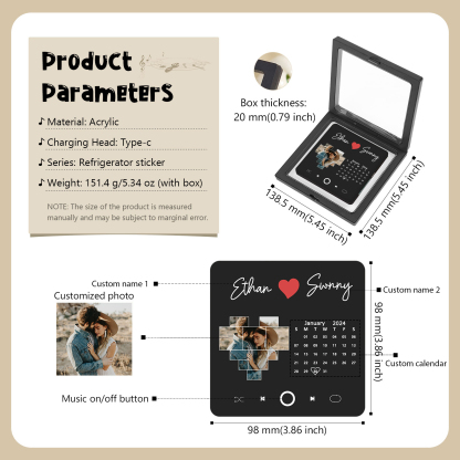 Personalisiertes Foto & Lied & Kalender & 2 Namen Schwarz Acryl-Kühlschrankmagnet – Individuelles Geschenk für Paar