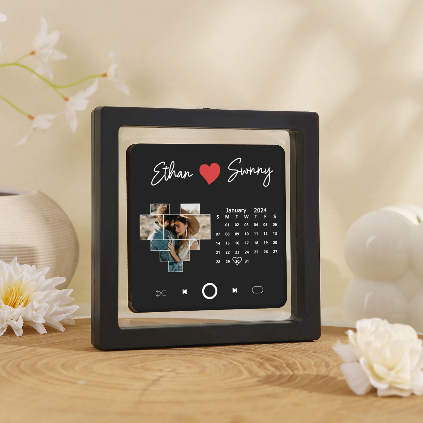 Personalisiertes Foto & Lied & Kalender & 2 Namen Schwarz Acryl-Kühlschrankmagnet – Individuelles Geschenk für Paar