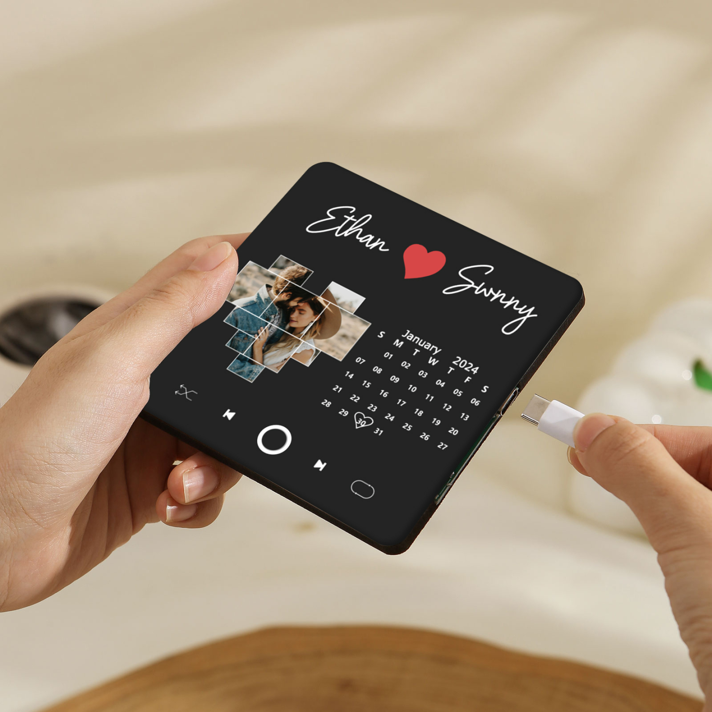 Personalisiertes Foto & Lied & Kalender & 2 Namen Schwarz Acryl-Kühlschrankmagnet – Individuelles Geschenk für Paar
