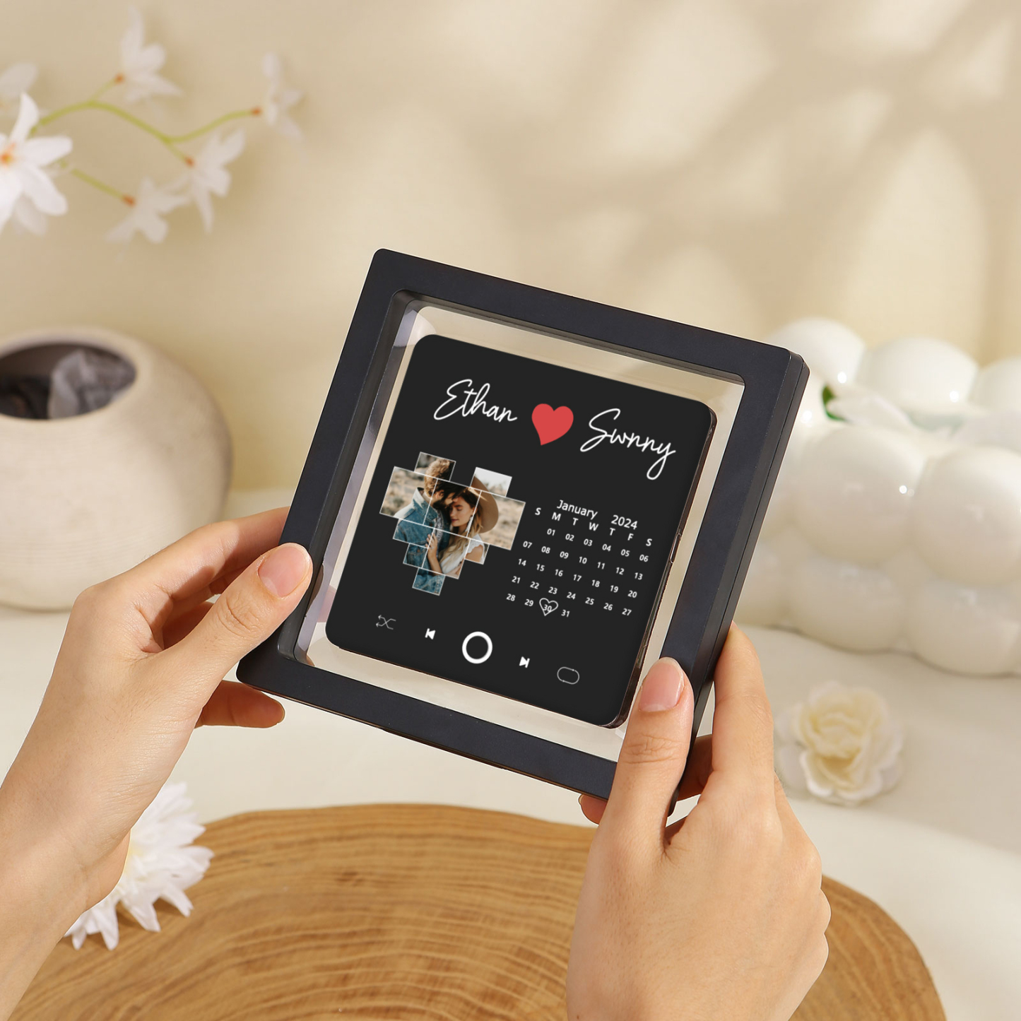 Personalisiertes Foto & Lied & Kalender & 2 Namen Schwarz Acryl-Kühlschrankmagnet – Individuelles Geschenk für Paar