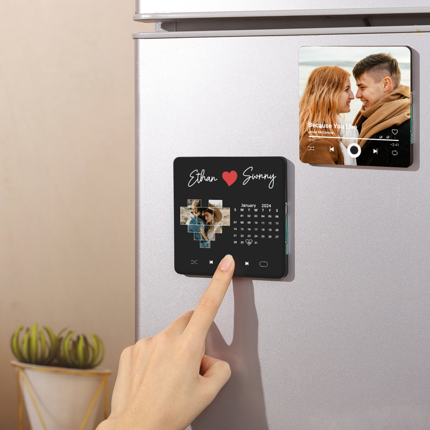 Personalisiertes Foto & Lied & Kalender & 2 Namen Schwarz Acryl-Kühlschrankmagnet – Individuelles Geschenk für Paar
