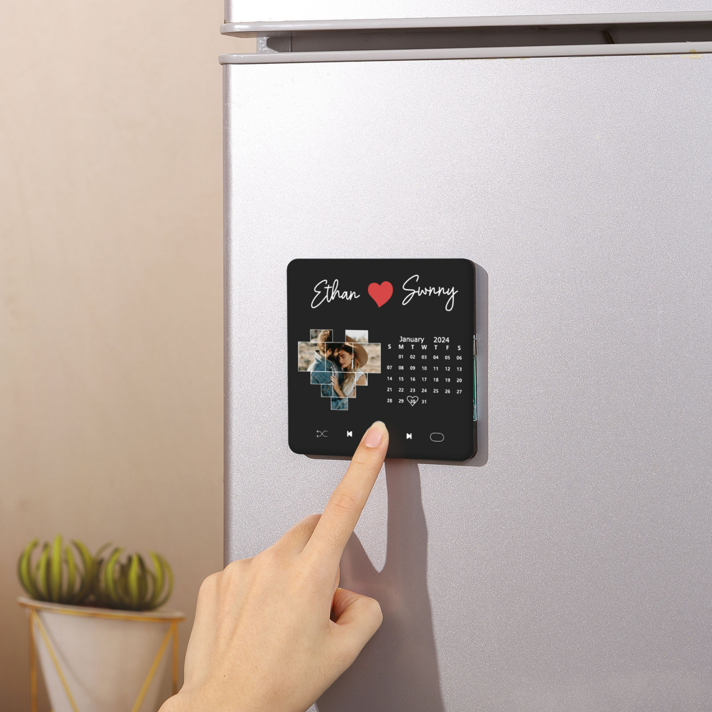 Personalisiertes Foto & Lied & Kalender & 2 Namen Schwarz Acryl-Kühlschrankmagnet – Individuelles Geschenk für Paar