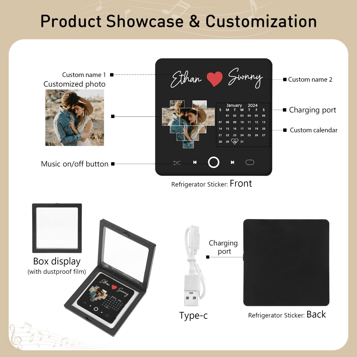 Personalisiertes Foto & Lied & Kalender & 2 Namen Schwarz Acryl-Kühlschrankmagnet – Individuelles Geschenk für Paar