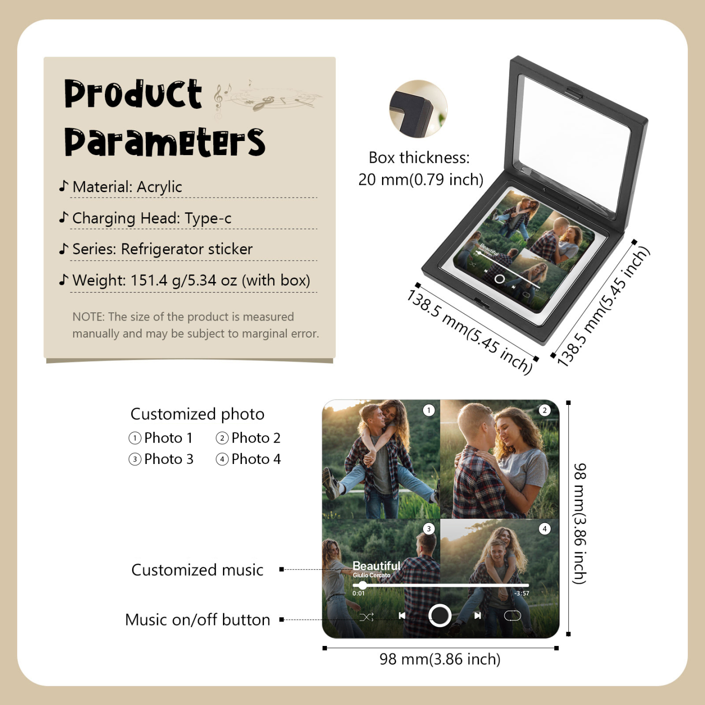 Personalisierte 4 Fotos & Lied Schwarz Acryl-Kühlschrankmagnet – Geschenk für Paar