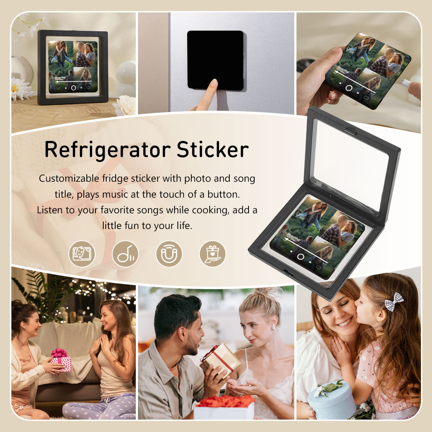 Personalisierte 4 Fotos & Lied Schwarz Acryl-Kühlschrankmagnet – Geschenk für Paar