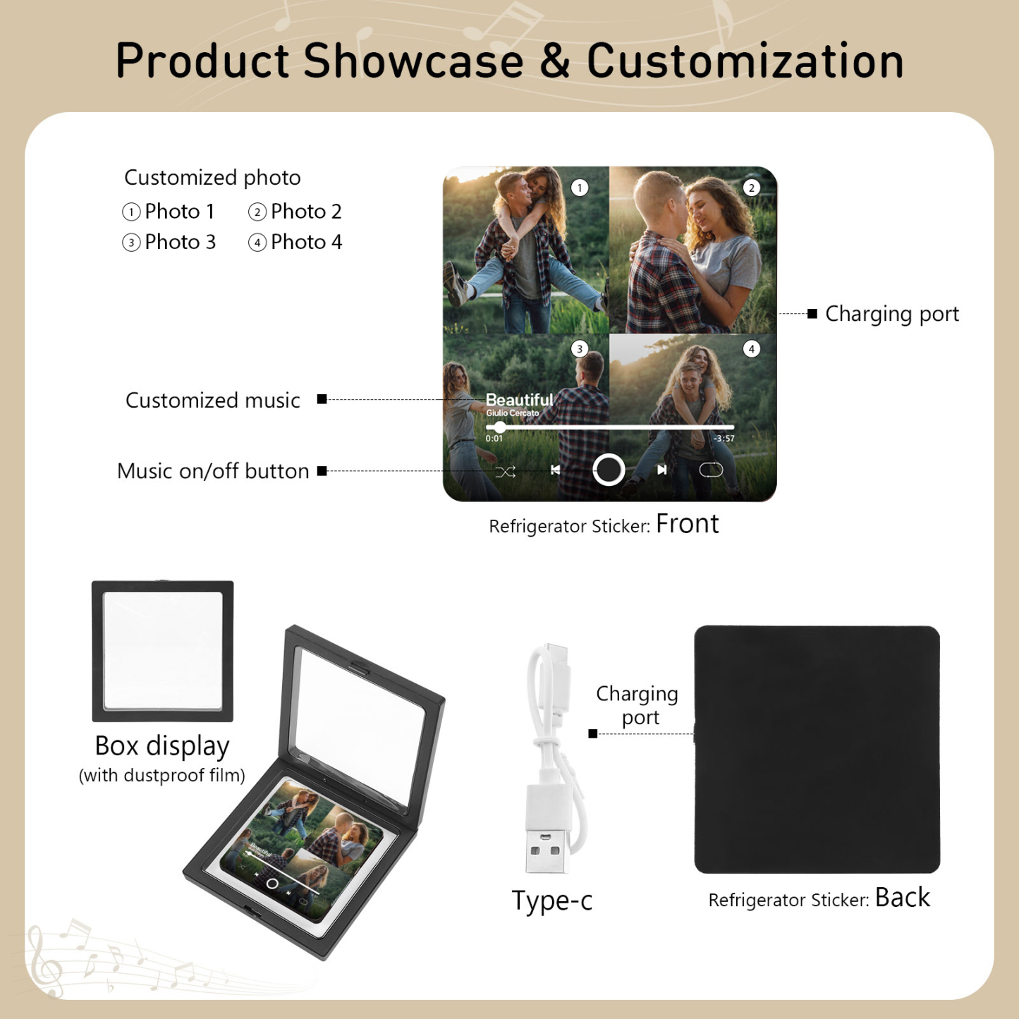 Personalisierte 4 Fotos & Lied Schwarz Acryl-Kühlschrankmagnet – Geschenk für Paar