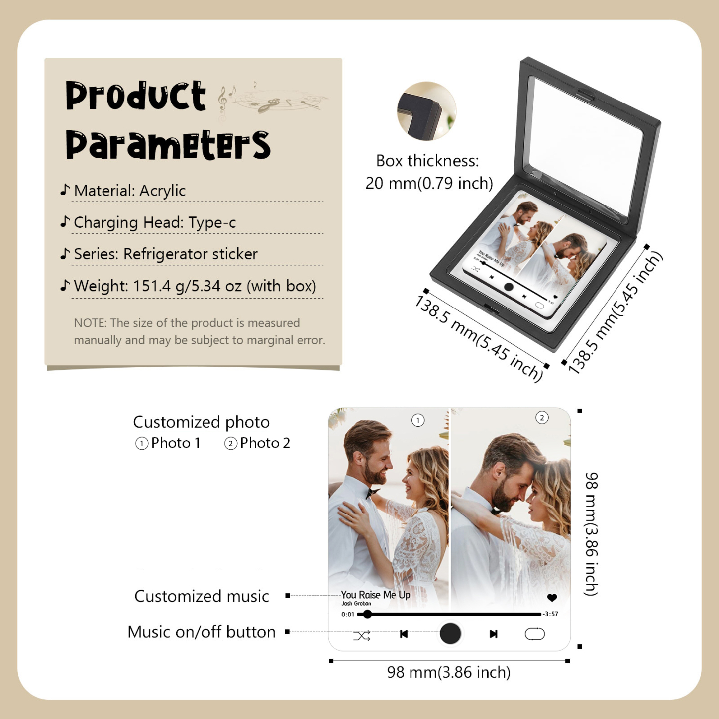 Personalisierte 2 Fotos & Lied Acryl-Musik-Kühlschrankmagnet – Geschenk für Paar