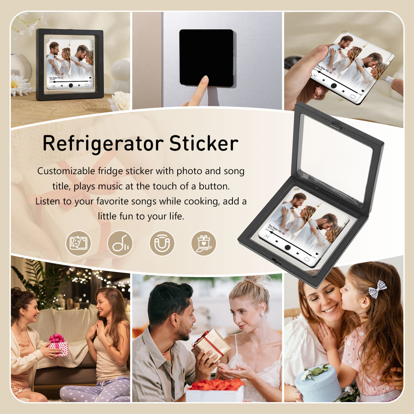 Personalisierte 2 Fotos & Lied Acryl-Musik-Kühlschrankmagnet – Geschenk für Paar