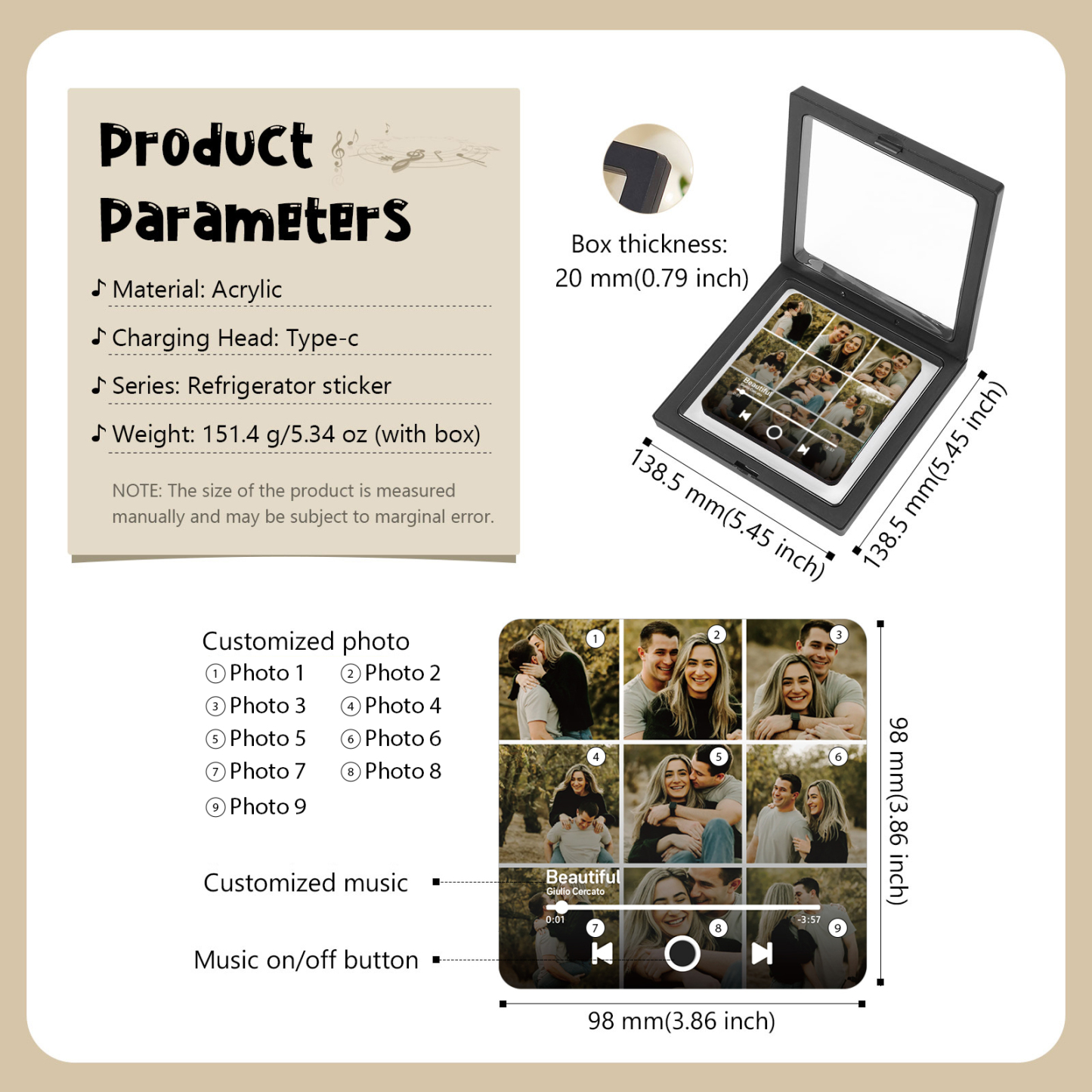 Personalisierte 9 Fotos & Lied Acryl-Musik-Kühlschrankmagnet – Geschenk für Paar