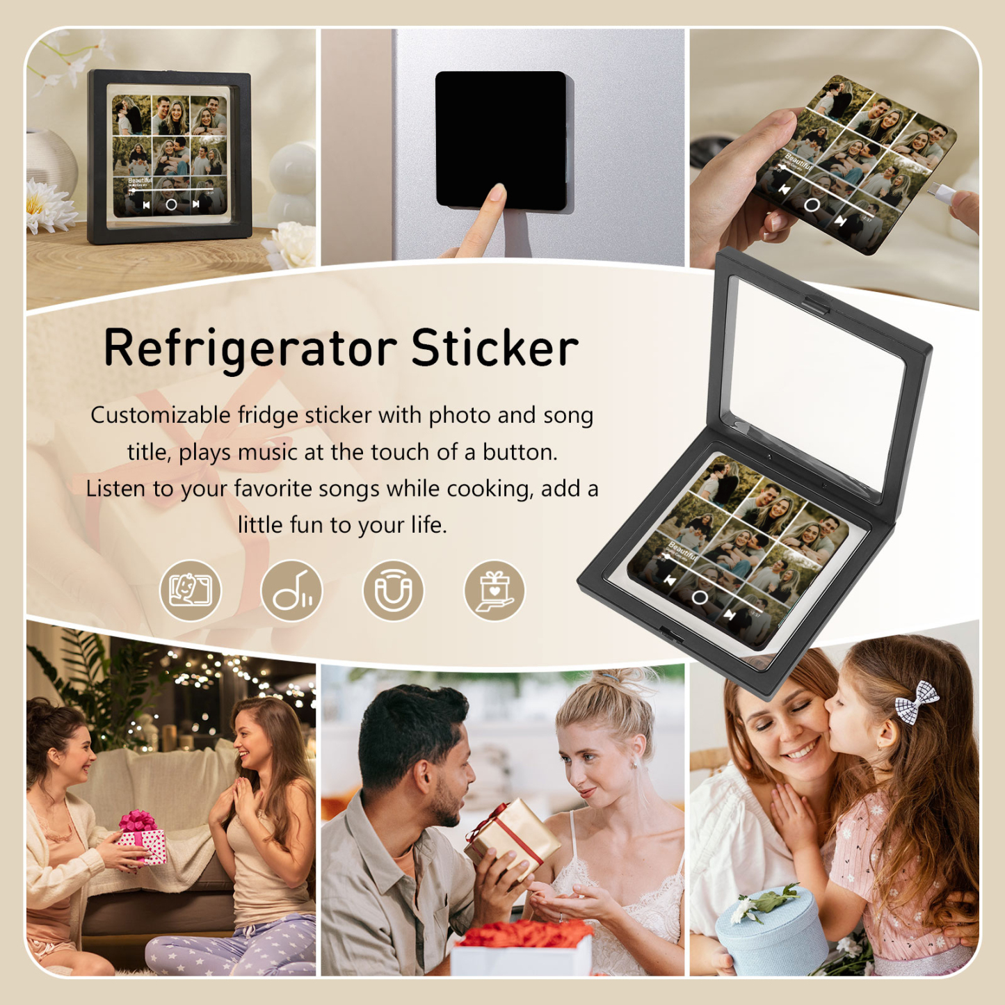Personalisierte 9 Fotos & Lied Acryl-Musik-Kühlschrankmagnet – Geschenk für Paar