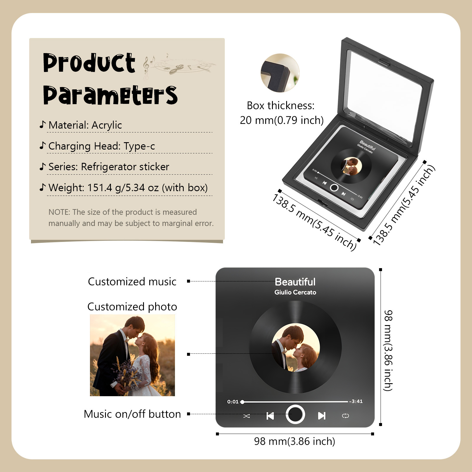 Personalisiertes Foto & Lied Bunt/ Schwarz Acryl-Kühlschrankmagnet mit Player-Display-Motiv für Paar