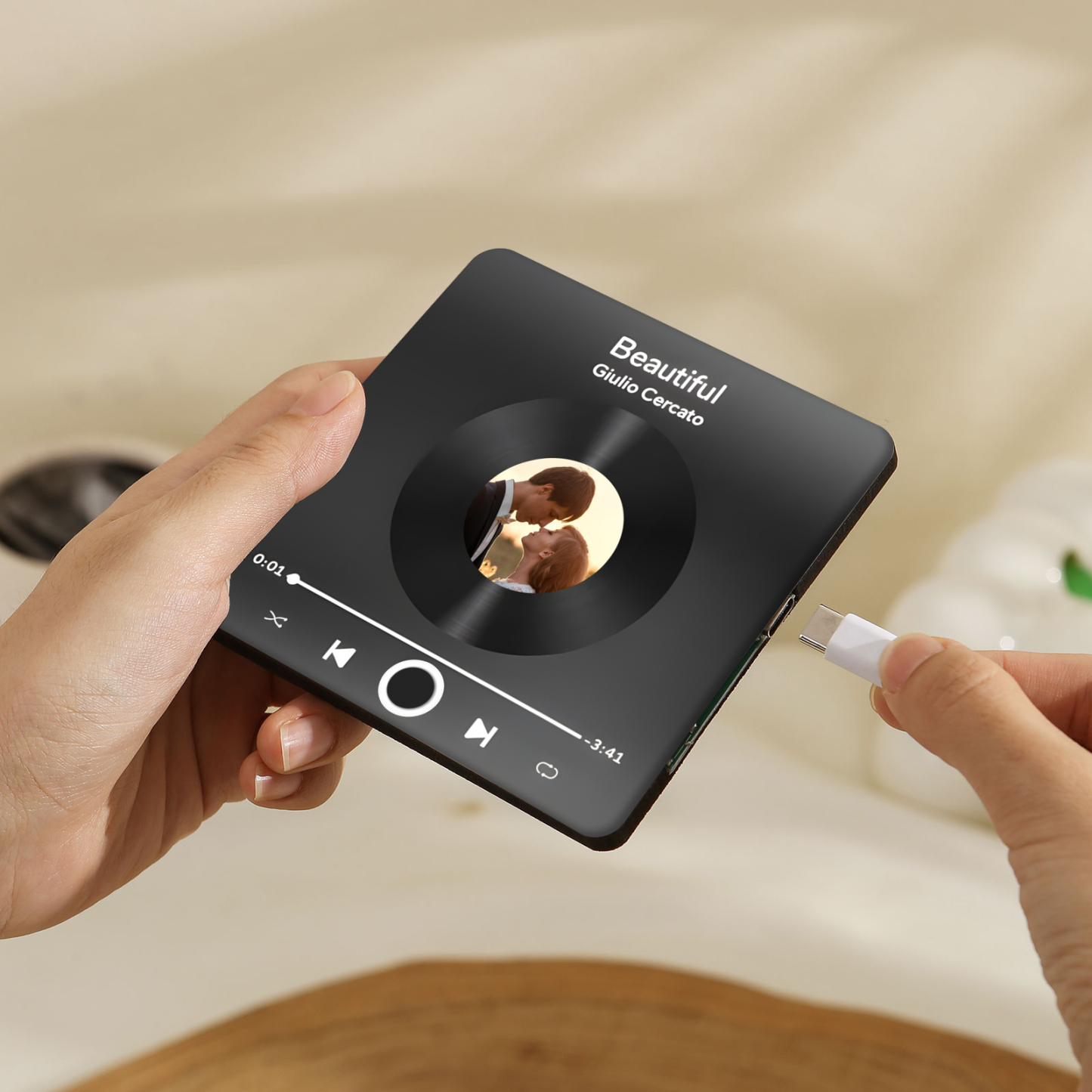 Personalisiertes Foto & Lied Bunt/ Schwarz Acryl-Kühlschrankmagnet mit Player-Display-Motiv für Paar
