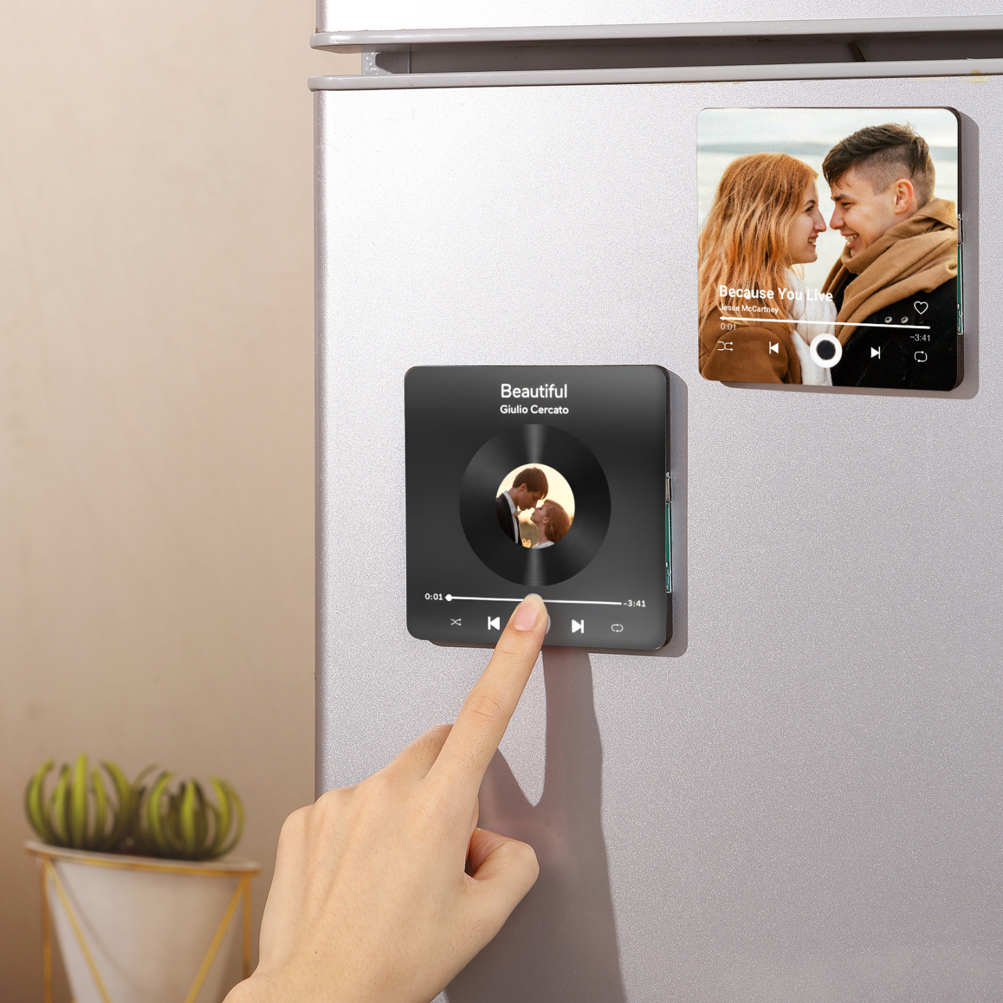 Personalisiertes Foto & Lied Bunt/ Schwarz Acryl-Kühlschrankmagnet mit Player-Display-Motiv für Paar