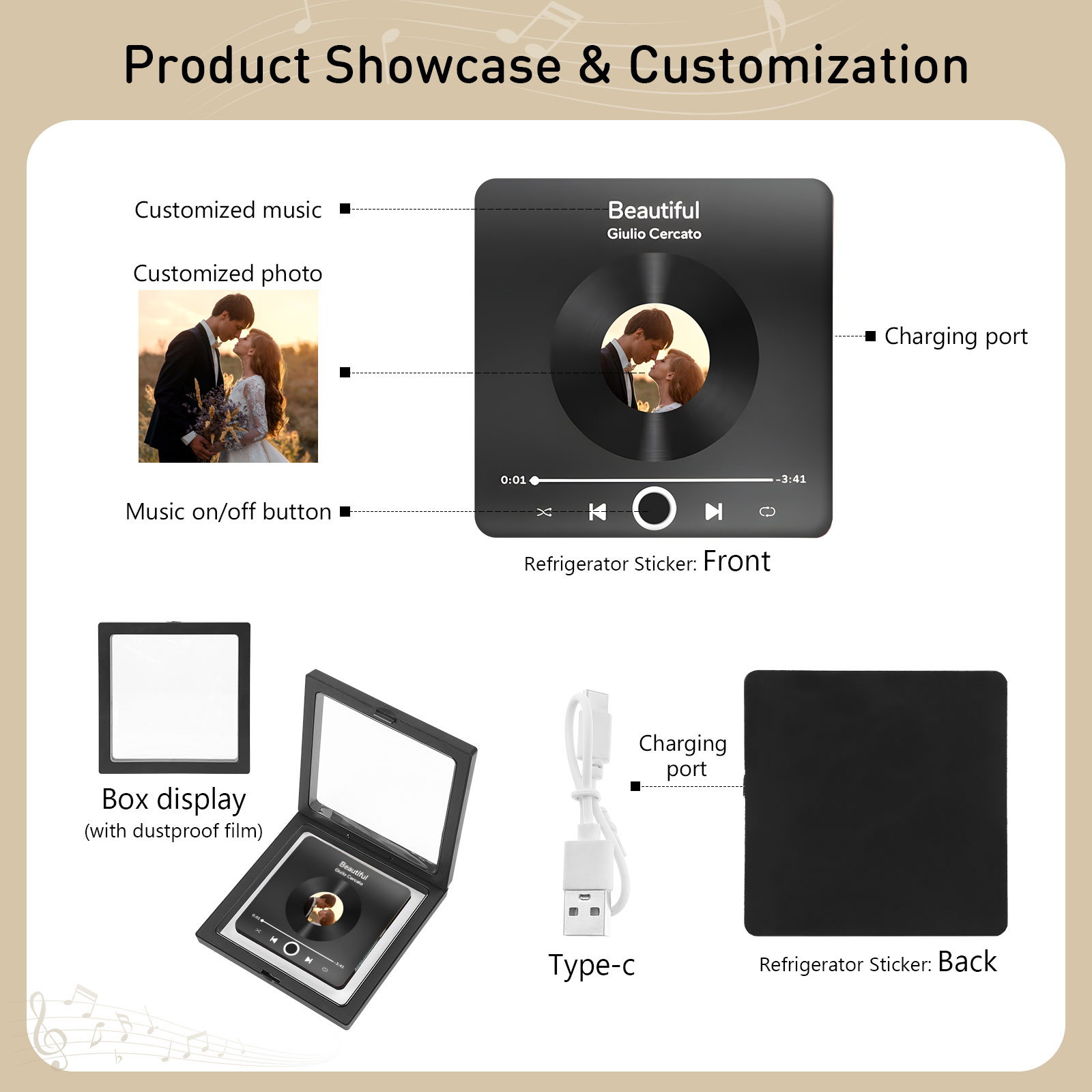 Personalisiertes Foto & Lied Bunt/ Schwarz Acryl-Kühlschrankmagnet mit Player-Display-Motiv für Paar