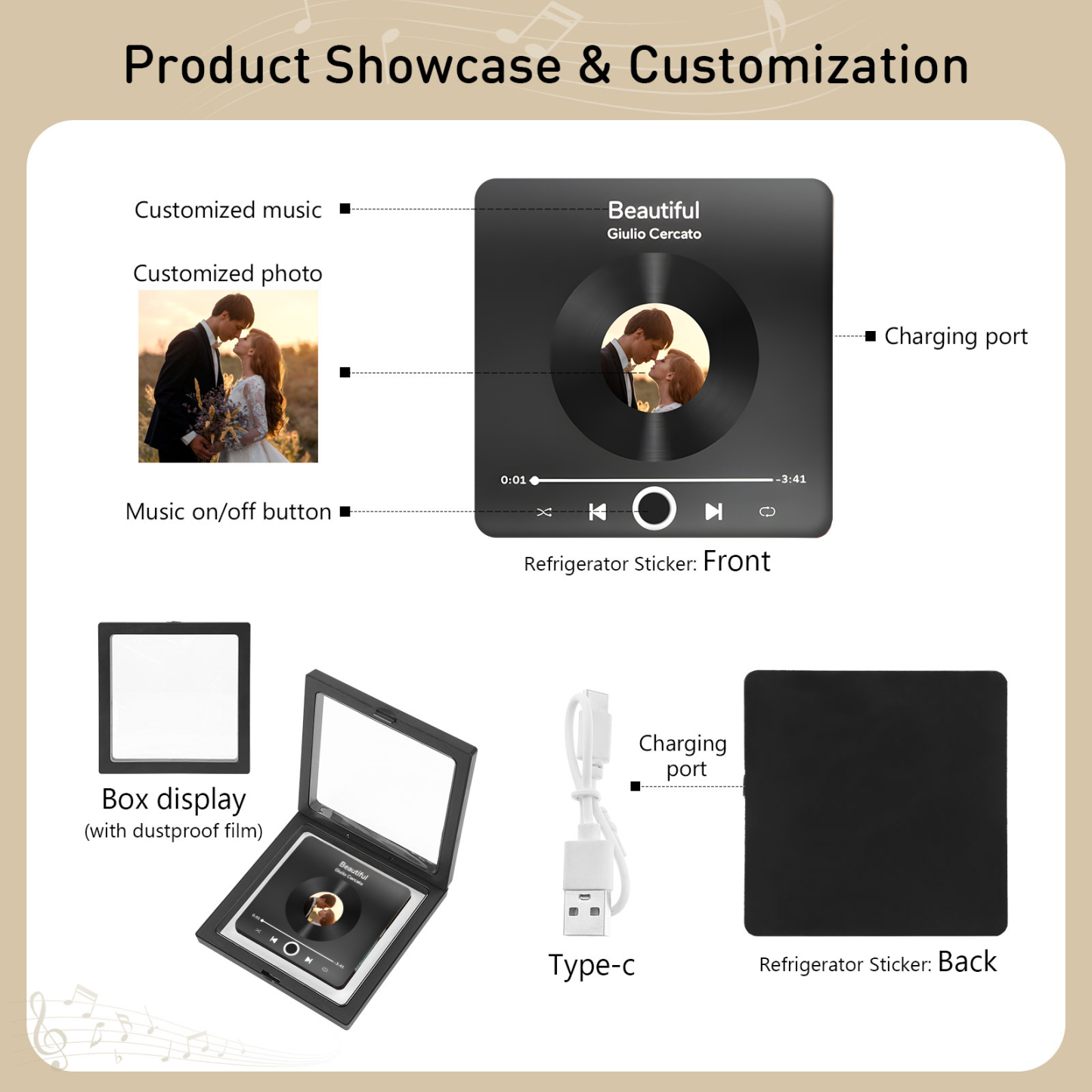 Personalisiertes Foto & Lied Bunt/ Schwarz Acryl-Kühlschrankmagnet mit Player-Display-Motiv für Paar