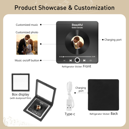 Personalisiertes Foto & Lied Bunt/ Schwarz Acryl-Kühlschrankmagnet mit Player-Display-Motiv für Paar