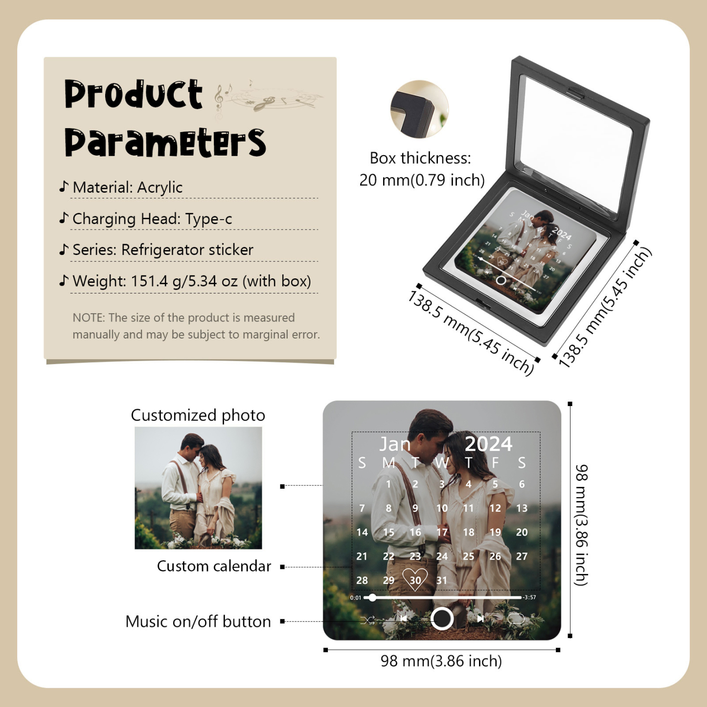 Personalisiertes Foto & Lied & Kalender Acryl-Musik-Kühlschrankmagnet - Geschenk für Paar