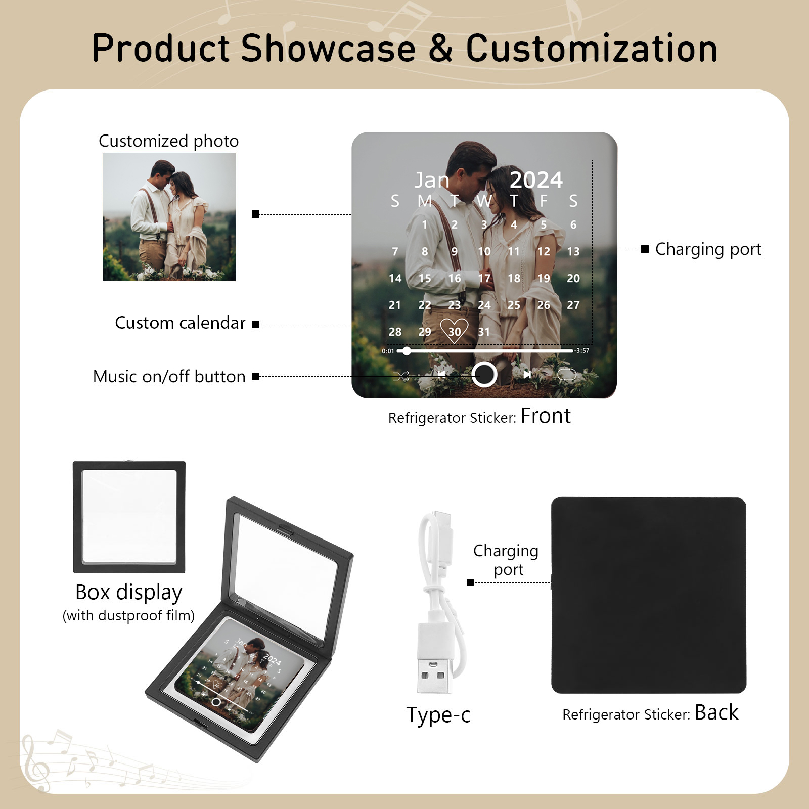 Personalisiertes Foto & Lied & Kalender Acryl-Musik-Kühlschrankmagnet - Geschenk für Paar